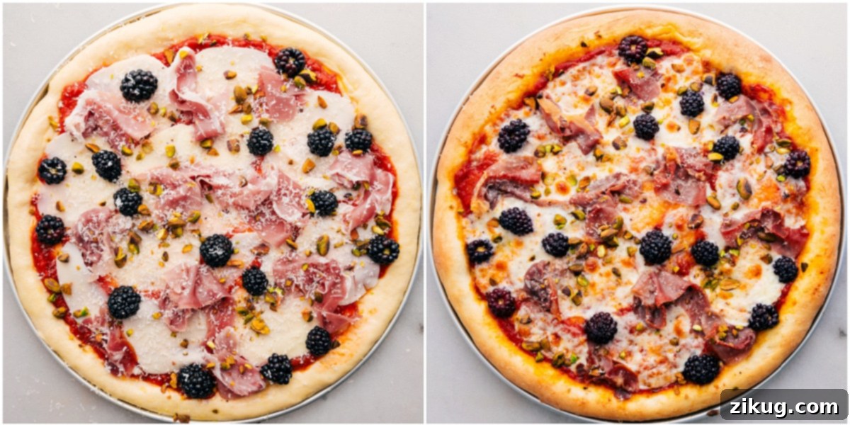 Simply Delicious Blackberry Basil Pizza 2 All the toppings placed on the pizza and the blackberry basil pizza being baked to golden perfection in the oven.