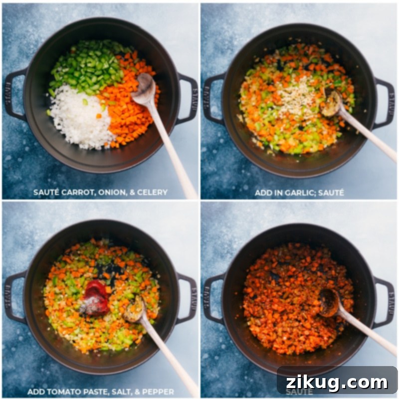 How To Make The Best Olive Garden Minestrone Soup Recipe Step-by-step image showing diced vegetables being sautéed, then garlic, tomato paste, salt, and pepper added to build the flavor base for the minestrone soup.