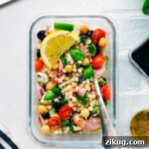 Thumbnail image for Italian Couscous Salad recipe, showing a close-up of the vibrant ingredients.