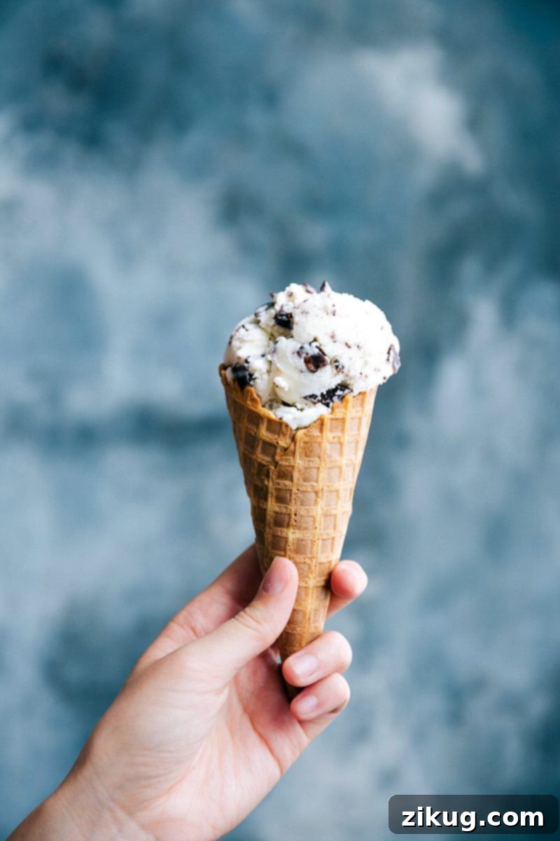 Classic Stracciatella Gelato in Waffle Cone Delicious stracciatella gelato in a crispy waffle cone, held ready to be devoured as a refreshing dessert.