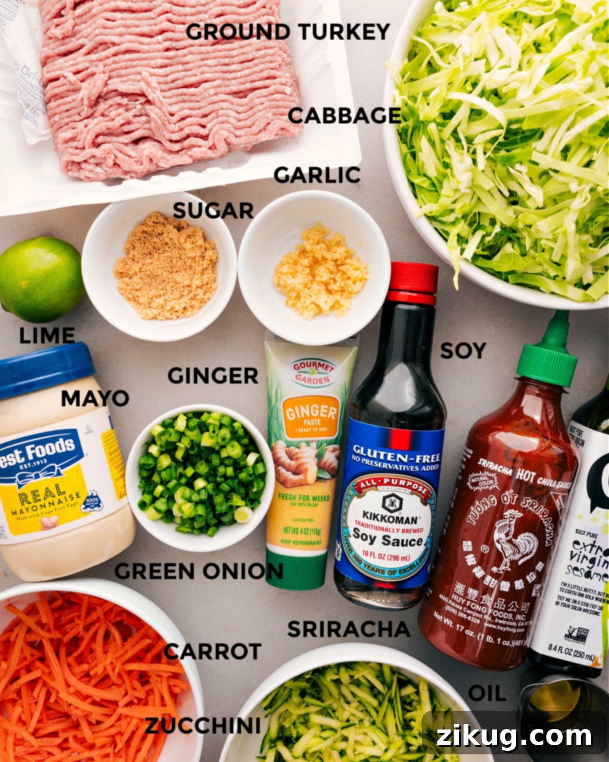 Essential Ingredients for a Delicious Ground Turkey Stir Fry All the vibrant ingredients for a healthy ground turkey stir fry, neatly prepped: lean ground turkey, crisp green cabbage, shredded carrots, grated zucchini, fresh green onions, aromatic ginger and garlic, premium soy sauce, toasted sesame oil, a touch of Sriracha, and light brown sugar.