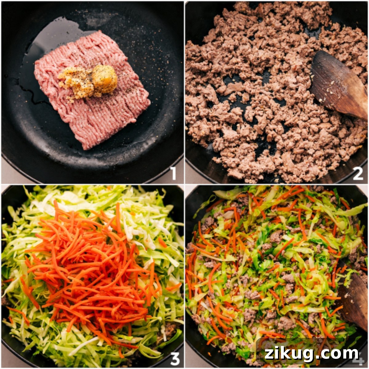 How To Prepare Ground Turkey Stir Fry: Browning Meat & Sautéing Vegetables The detailed cooking process for Ground Turkey Stir Fry, showing lean ground turkey browning in a large skillet with fragrant garlic and ginger, followed by the addition of fresh, colorful vegetables sautéing until perfectly tender-crisp. This image captures the essence of preparing a healthy and delicious stir fry.