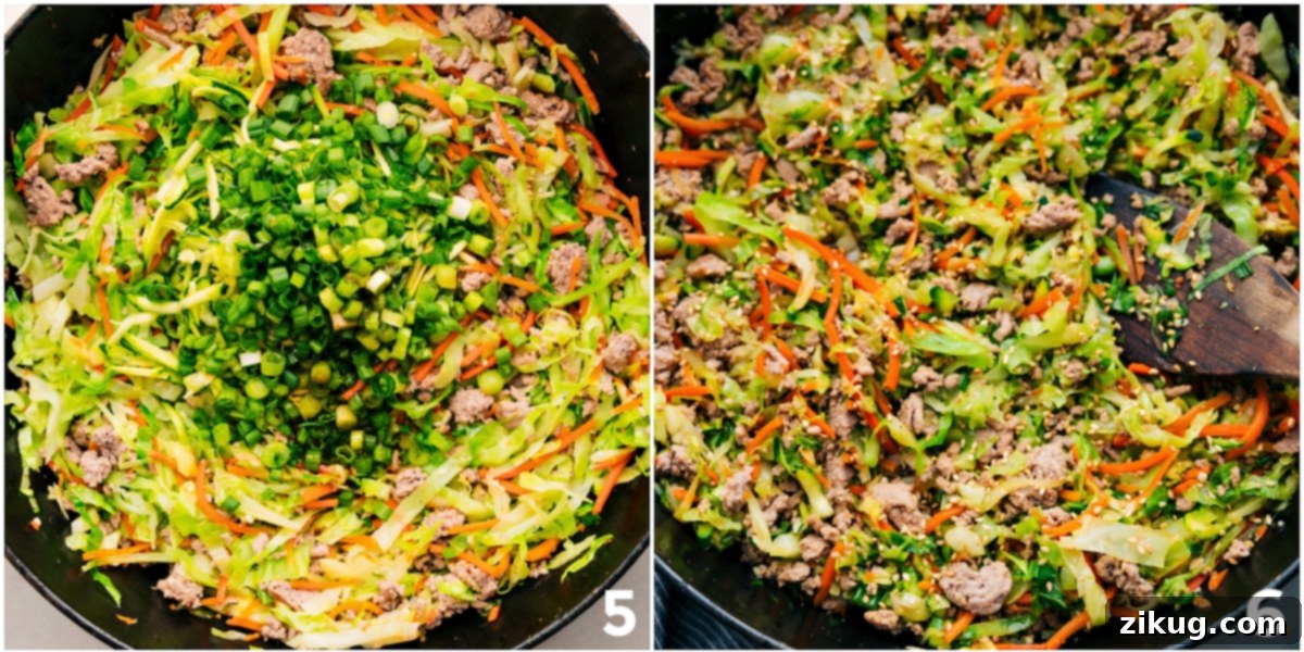 Delicious One-Skillet Ground Turkey Stir Fry Recipe A vibrant, one-skillet Ground Turkey Stir Fry finished with a generous sprinkle of fresh green onions and toasted sesame seeds, perfectly plated for a healthy, quick, and delicious meal. This image highlights the fresh ingredients and appealing presentation of the dish.