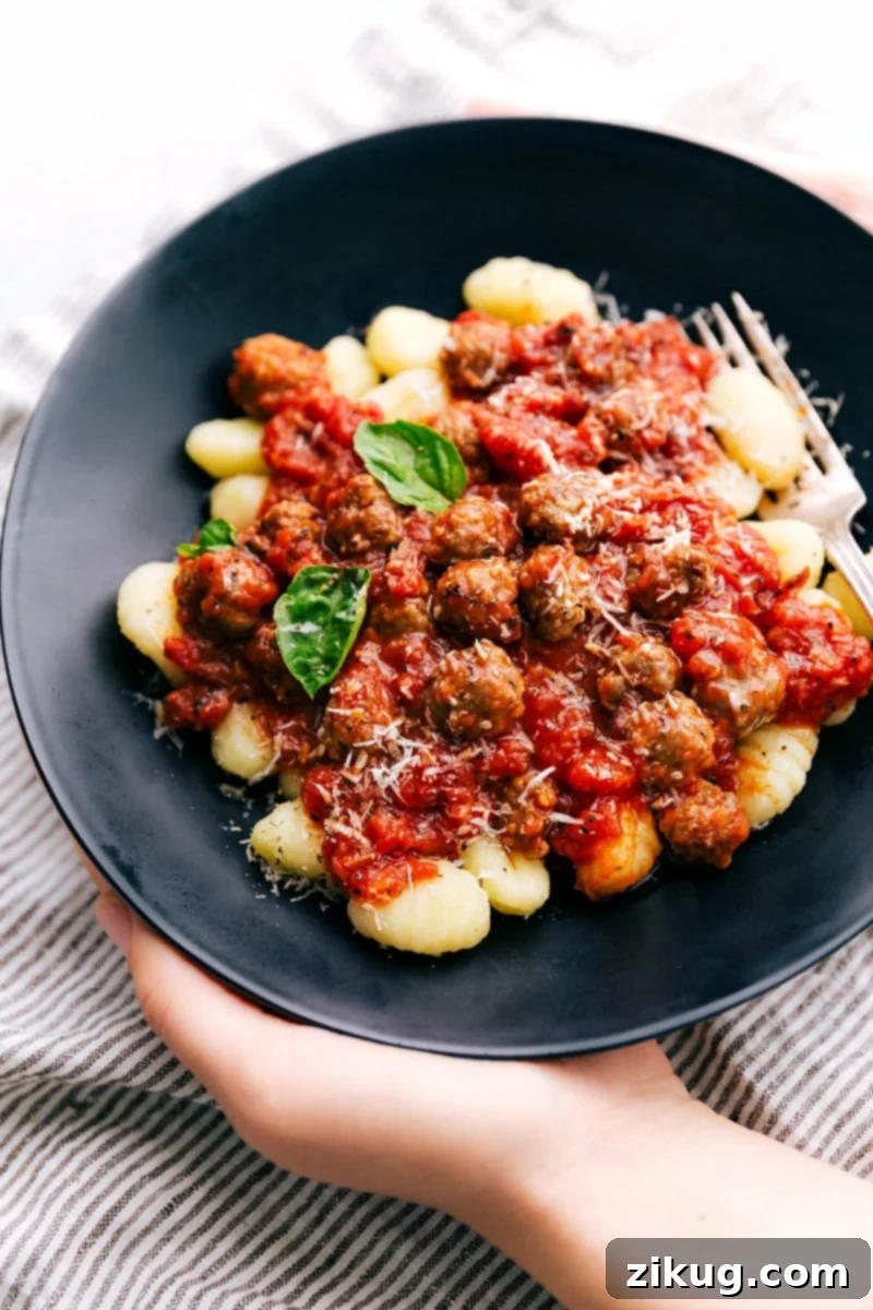 Hearty Sausage Gnocchi 2 A serving of Sausage Gnocchi in a bowl, garnished with fresh basil.