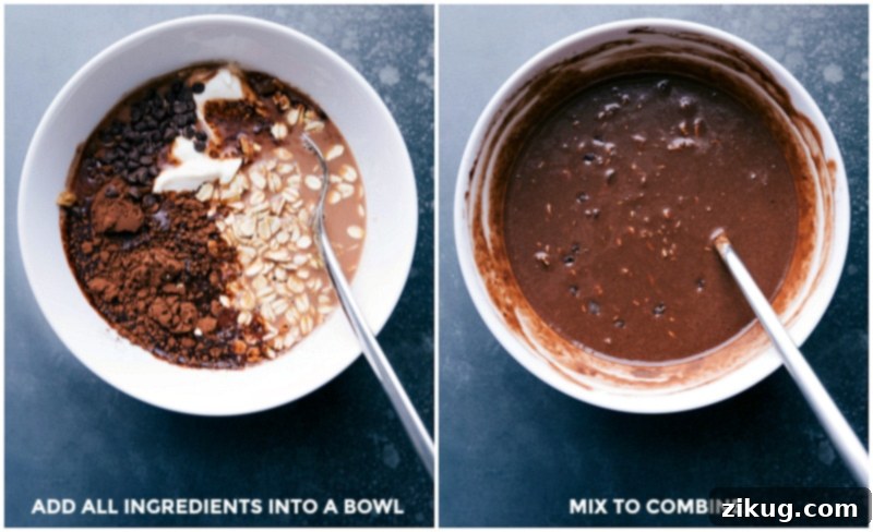 Preparing Overnight Brownie Batter Oats: Ingredients in Bowl and Combining Process All the ingredients for overnight brownie batter oats in a bowl; followed by the process of combining these ingredients.