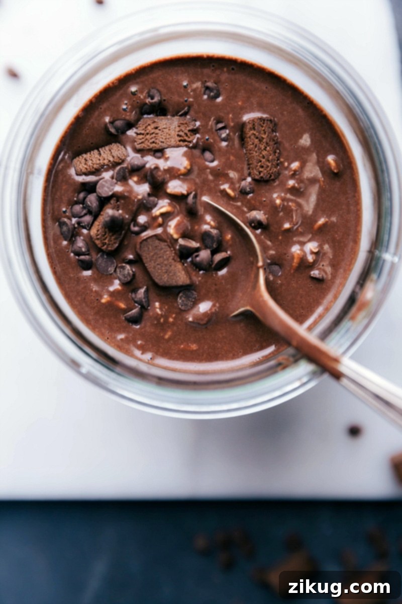 Ready-to-Eat Brownie Batter Overnight Oats - Delicious Pre-Made Breakfast Finished brownie batter overnight oats recipe, ready to be enjoyed as a deliciously prepared breakfast.