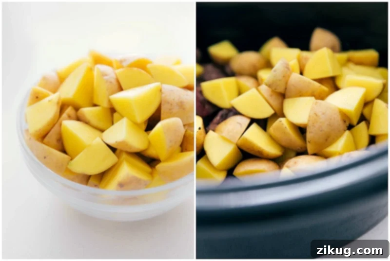 Expertly chopped Yukon Gold potatoes, ready to enhance the hearty texture of our Slow Cooker Beef and Barley Soup. Perfectly diced Yukon Gold potatoes, cut into uniform 1/2-inch cubes, ready to be added to the Slow Cooker Beef and Barley Soup.