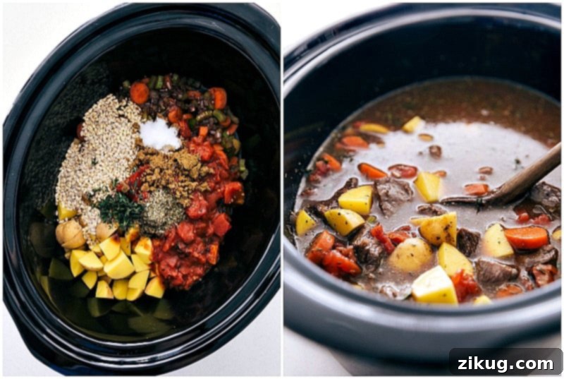 All the goodness combined! Every ingredient for our Easy Slow Cooker Beef and Barley Soup goes into the crockpot, making dinner prep incredibly simple and efficient. Process shot showing all the robust ingredients for Slow Cooker Beef and Barley Soup layered into the crockpot, including beef, vegetables, broth, and barley, ready for slow cooking.