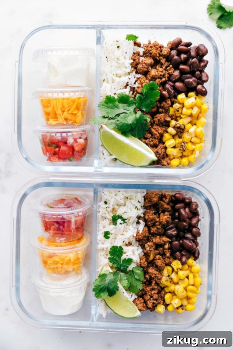 Taco Bowl meal prep containers with vibrant ingredients