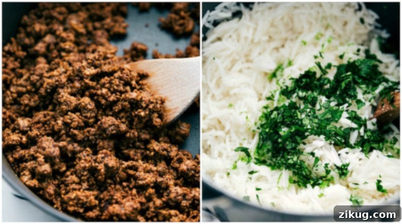 Ground Beef and Cilantro-lime rice, ready for Taco Bowls
