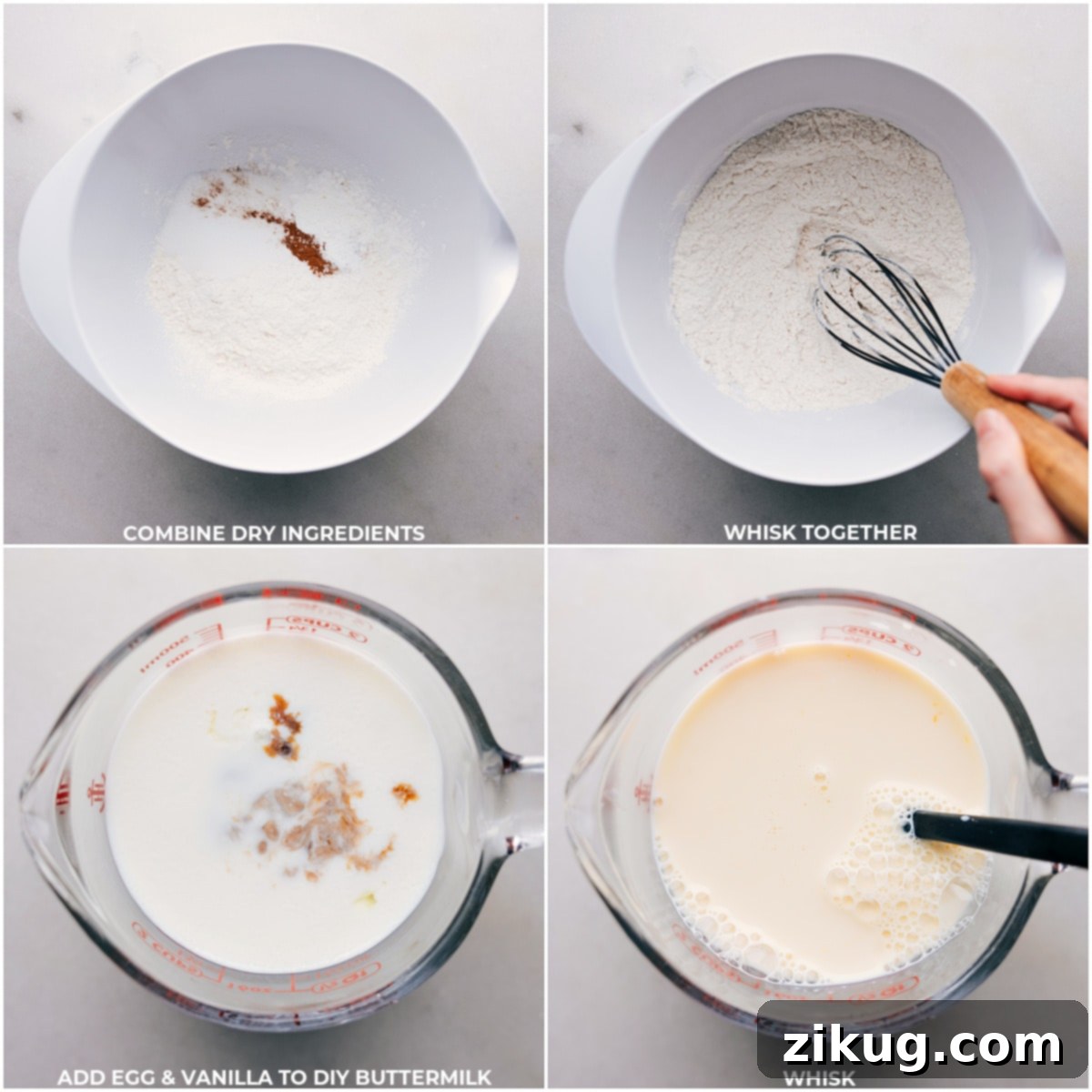 Combining Dry Pancake Ingredients And Preparing DIY Buttermilk for Perfect Pancakes Mixing dry ingredients together in one bowl then creating homemade buttermilk in another for this old-fashioned pancake recipe.
