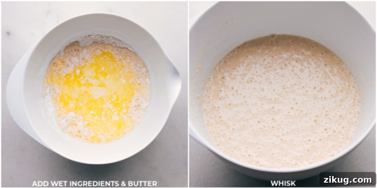 Expert Blending of Dry and Wet Ingredients for Optimal Pancake Batter Mixing dry and wet ingredients for the pancake batter in a large bowl, showing a slightly lumpy consistency.
