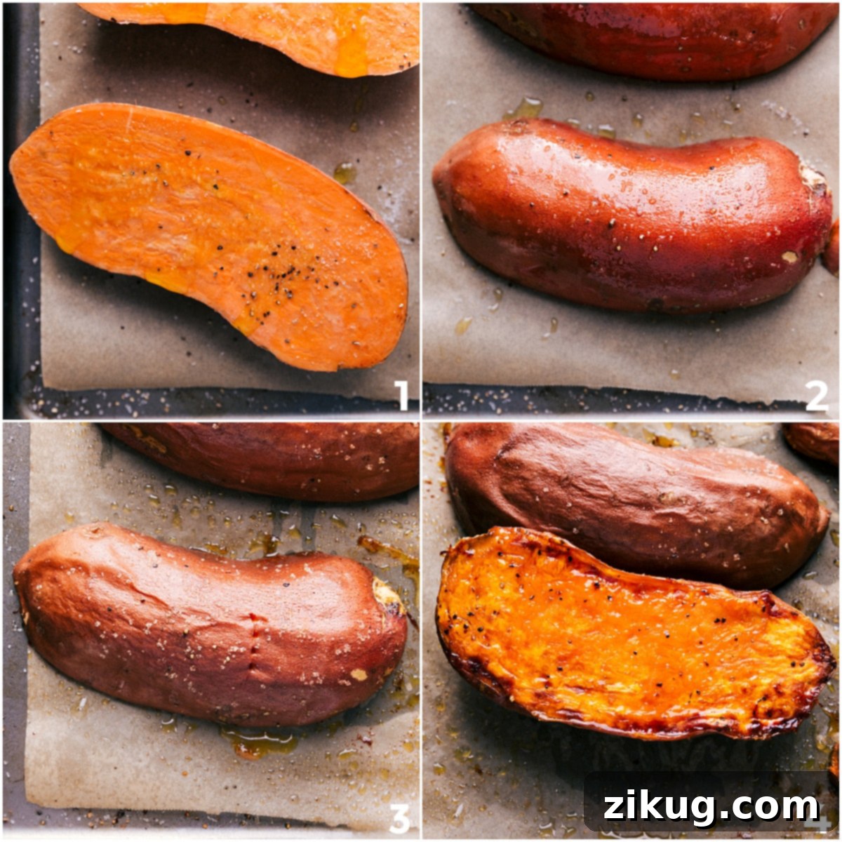 Perfectly Roasted Sweet Potatoes for the Best Loaded Sweet Potatoes Recipe Sweet potatoes perfectly roasted on a large sheet pan, ready to be loaded with delicious toppings.