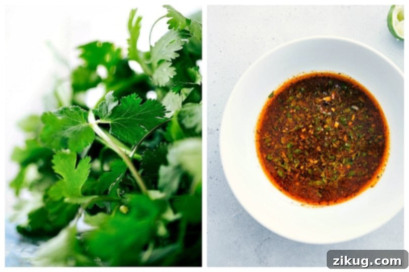 Steak Fajitas marinade ingredients Fresh cilantro and a bowl of the vibrant fajita marinade.