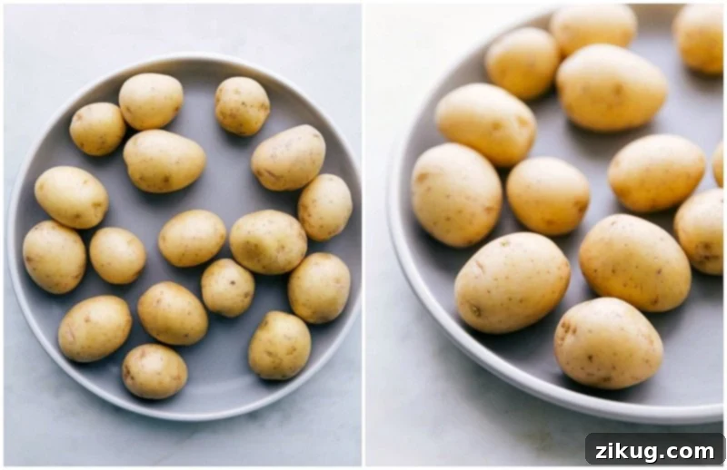 The easiest 20-minute Sausage and Potatoes Skillet Meal! This simple dinner can all be made in one pan and is loaded with flavor! Recipe via chelseasmessyapron #dinners #recipes #comfortfoods #simple #keilbasa #meals #healthy #sausage #onepanmeal #potatoes #quick Close-up image of fresh Yukon gold baby potatoes, ideal for a Sausage and Potatoes Skillet Meal, showing their smooth, golden skins.
