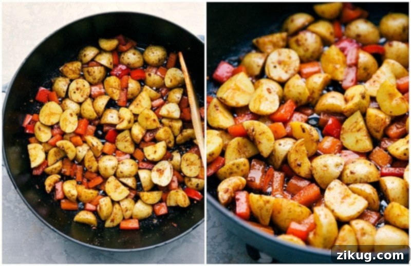 Skillet Sausage and Potatoes 3 A close-up view of the Sausage and Potatoes Skillet, showcasing the beautifully browned potatoes and sausage, and tender peppers, all cooked together in one pan.