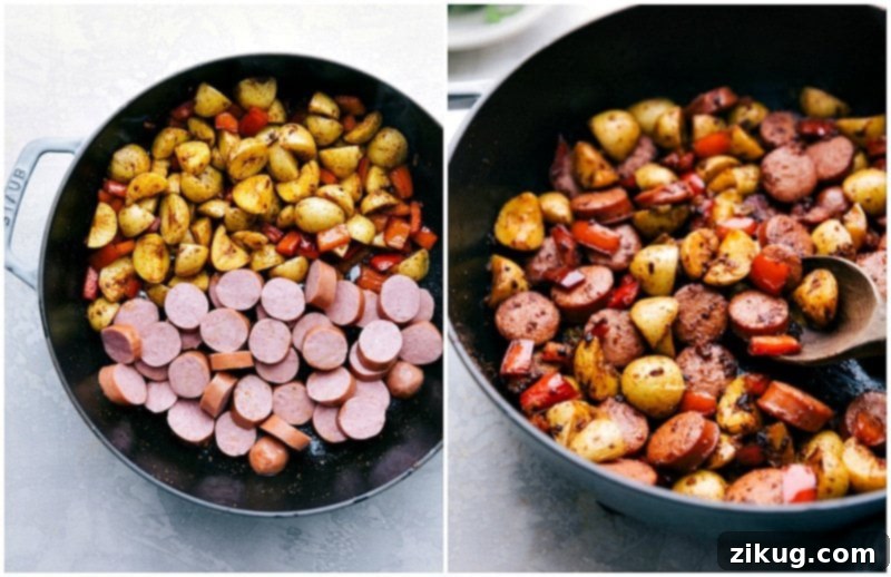 The easiest 20-minute Sausage and Potatoes Skillet Meal! This simple dinner can all be made in one pan and is loaded with flavor! Recipe via chelseasmessyapron #dinners #recipes #comfortfoods #simple #keilbasa #meals #healthy #sausage #onepanmeal #potatoes #quick Image of the sliced smoked sausage being added to the cooked peppers and golden-brown potatoes in a hot skillet for the Sausage and Potatoes Skillet Meal.