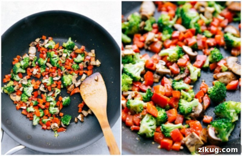 Sautéing fresh vegetables to perfection for Chicken Ramen. A colorful array of diced vegetables including red bell pepper, broccoli florets, and mushrooms, sizzling in a hot skillet.