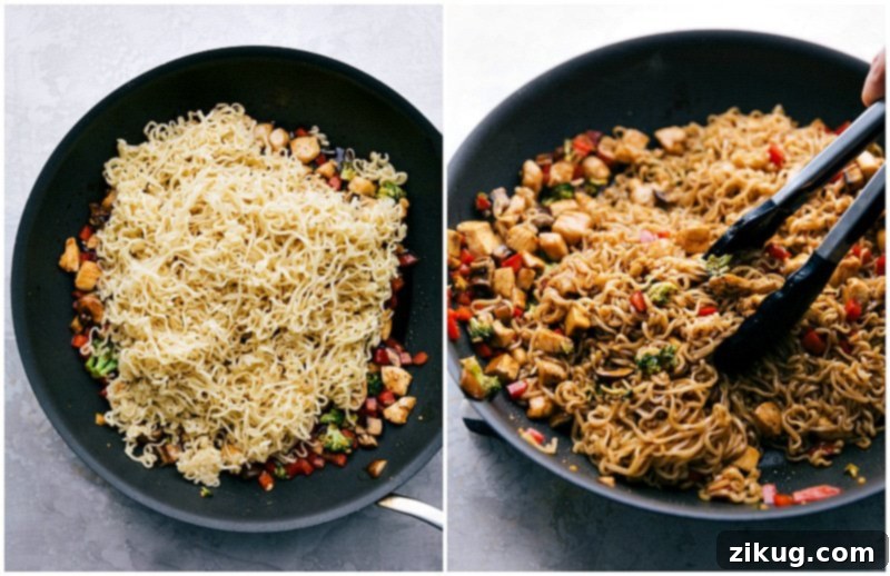 Mixing ramen noodles with chicken and vegetables for a perfect stir-fry. Cooked ramen noodles being added to a large skillet containing chicken, vegetables, and a rich sauce, ready to be tossed together.