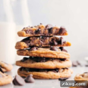 A perfectly baked chewy chocolate chip cookie with melty chocolate.