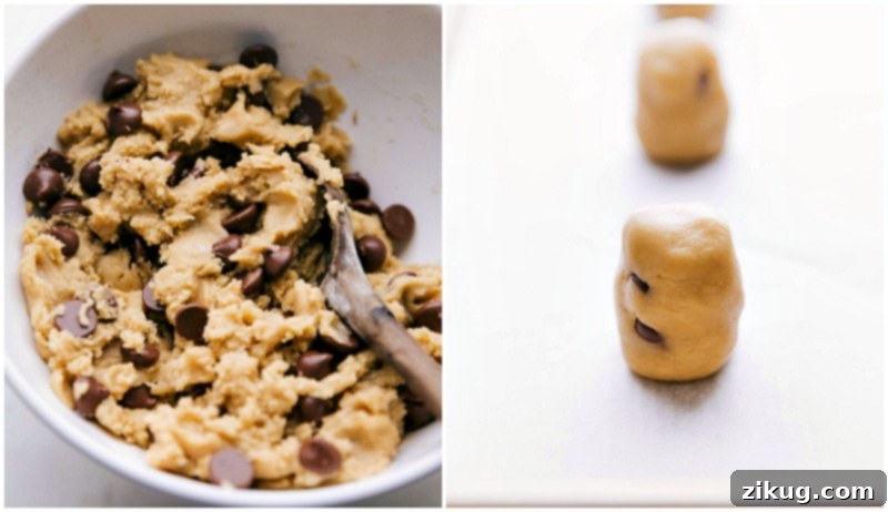 Preparing Chewy Chocolate Chip Cookie Dough: Adding Chocolate Chips and Shaping into Balls Cookie dough with chocolate chips incorporated, rolled into uniform balls and placed on parchment paper, ready for baking chewy chocolate chip cookies.