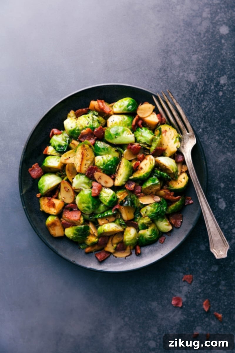 Flavorful Sautéed Brussels Sprouts and Bacon Perfectly cooked Brussels sprouts and bacon, garnished with fresh herbs, ready to be served on a rustic plate.
