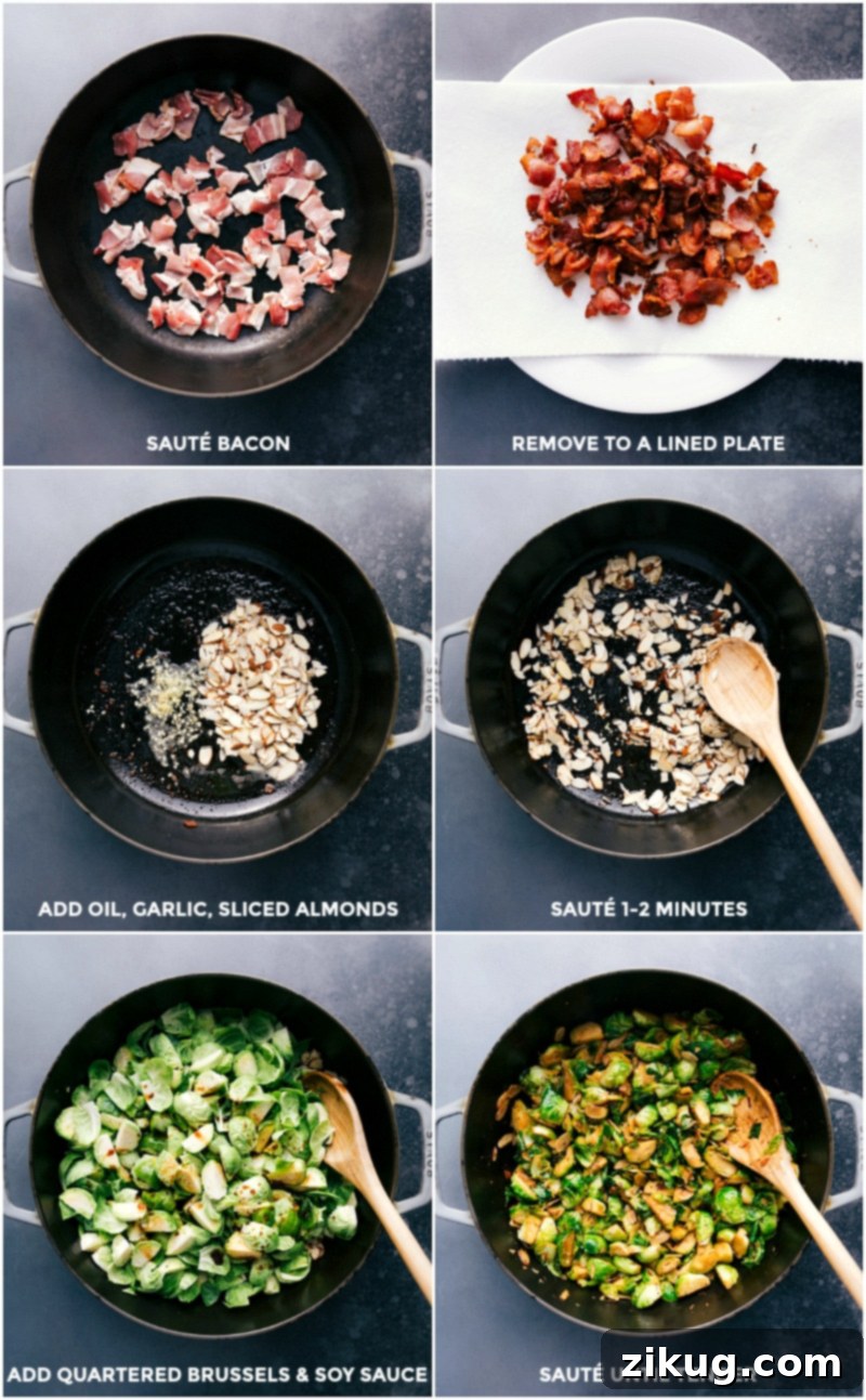 Step-by-Step Cooking: Brussels Sprouts and Bacon A sequence of images showing the cooking process: frying bacon, sautéing garlic and almonds, then adding and cooking Brussels sprouts with soy sauce.