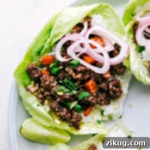 The finished Ground Beef Lettuce Wraps on a plate, packed full of flavor with a variety of vegetables, ready to be enjoyed as a wholesome and quick dinner.