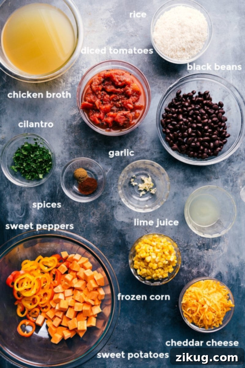 Fresh and Vibrant Ingredients for One-Skillet Sweet Potato Burrito Bowl A colorful array of fresh ingredients for the One-Skillet Sweet Potato Burrito Bowl, neatly arranged and ready for preparation.