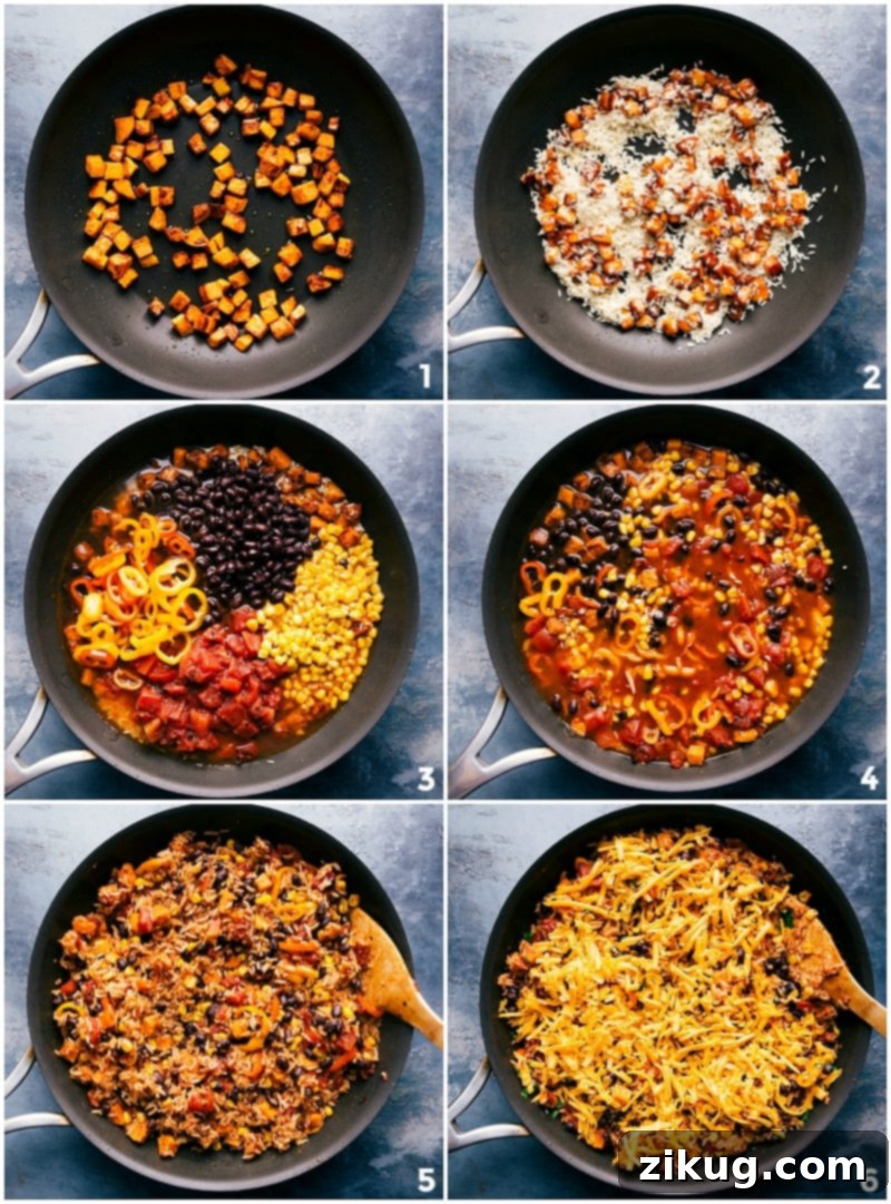 Making Burrito Bowl with Sweet Potato: Ingredients and Cooking Process Step-by-step visuals showing the process of adding, mixing, and sautéing ingredients to create the one skillet sweet potato burrito bowl.