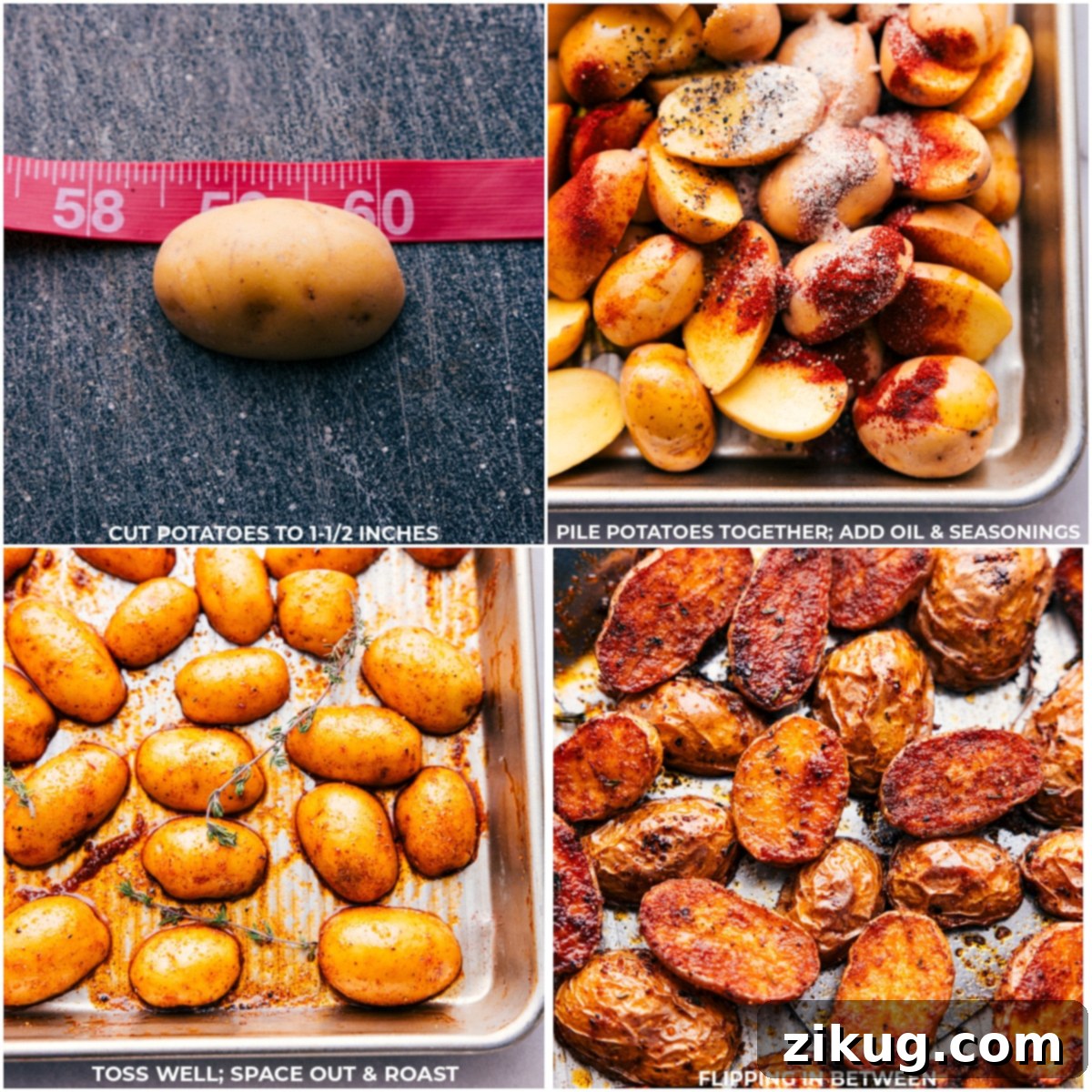 Our Favorite Roasted Potatoes A sequence of images showing the preparation of crispy roasted potatoes: cutting, tossing with oil and seasonings, and baking to a golden, crispy finish.
