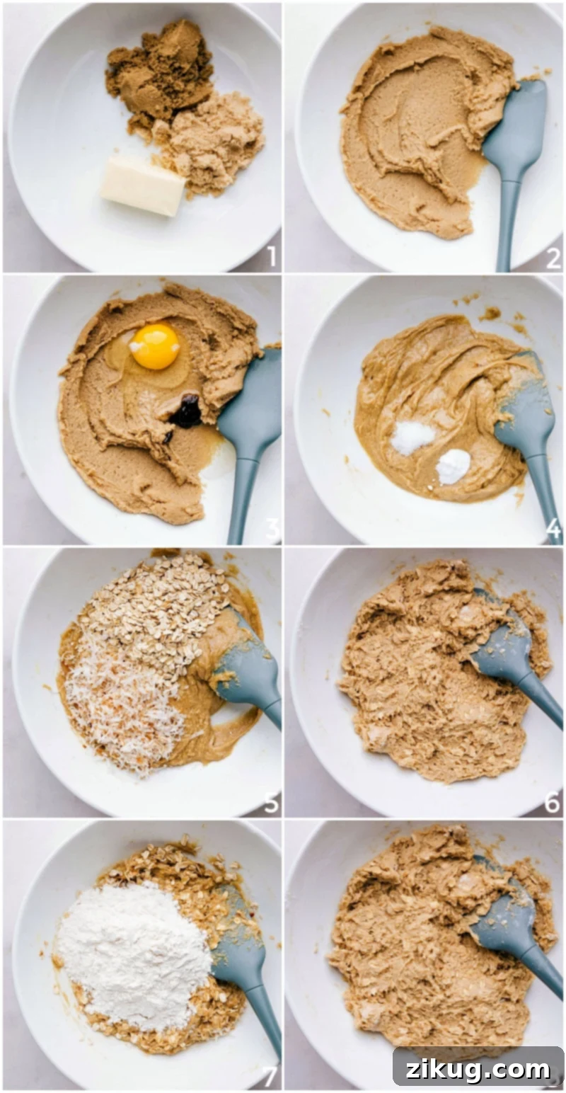 Crafting the Perfect Cookie Dough: Blending Ingredients for Oatmeal Cranberry Cookies Ingredients being combined and mixed into dough, creating a well-mixed batter.