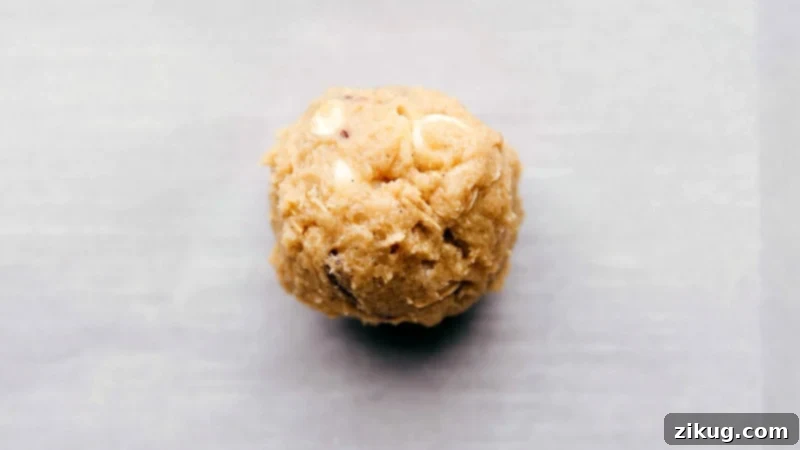 Soft, chewy, and sweet Oatmeal Cranberry Cookies are a fun twist on traditional oatmeal cookies. This version adds in white chocolate chips, sweetened cranberries, and a little flaked coconut for the ultimate holiday treat! Recipe via chelseasmessyapron #chewy #easy #crunchy #best #soft #recipe #oatmeal #cranberry #cookies Process shot-- image of the Oatmeal Cranberry Cookies being rolled into balls, ready for baking.