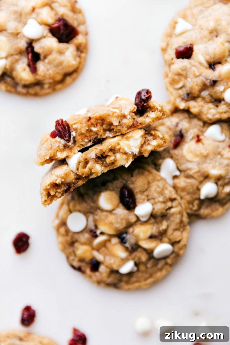 Inside Look at a Gooey Cranberry Oatmeal Cookie Warm, freshly baked dessert split open, revealing a gooey interior with melted white chocolate chips.