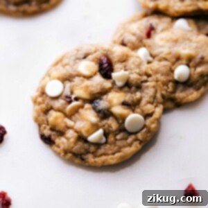 Freshly baked oatmeal cranberry cookies with white chocolate chips and dried cranberries, straight from the oven and ready to delight.