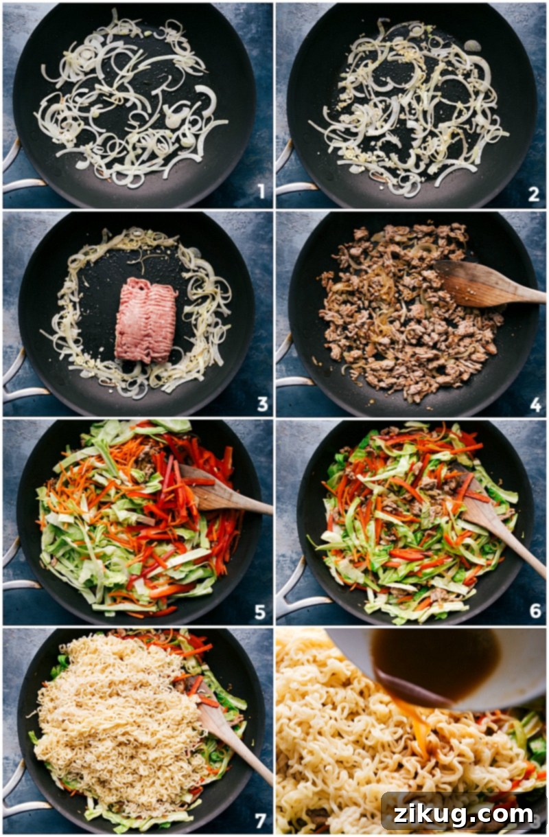 Sautéing onions, ginger, garlic, pork, vegetables, and noodles in a pan, each added one after the other, finished with sauce.