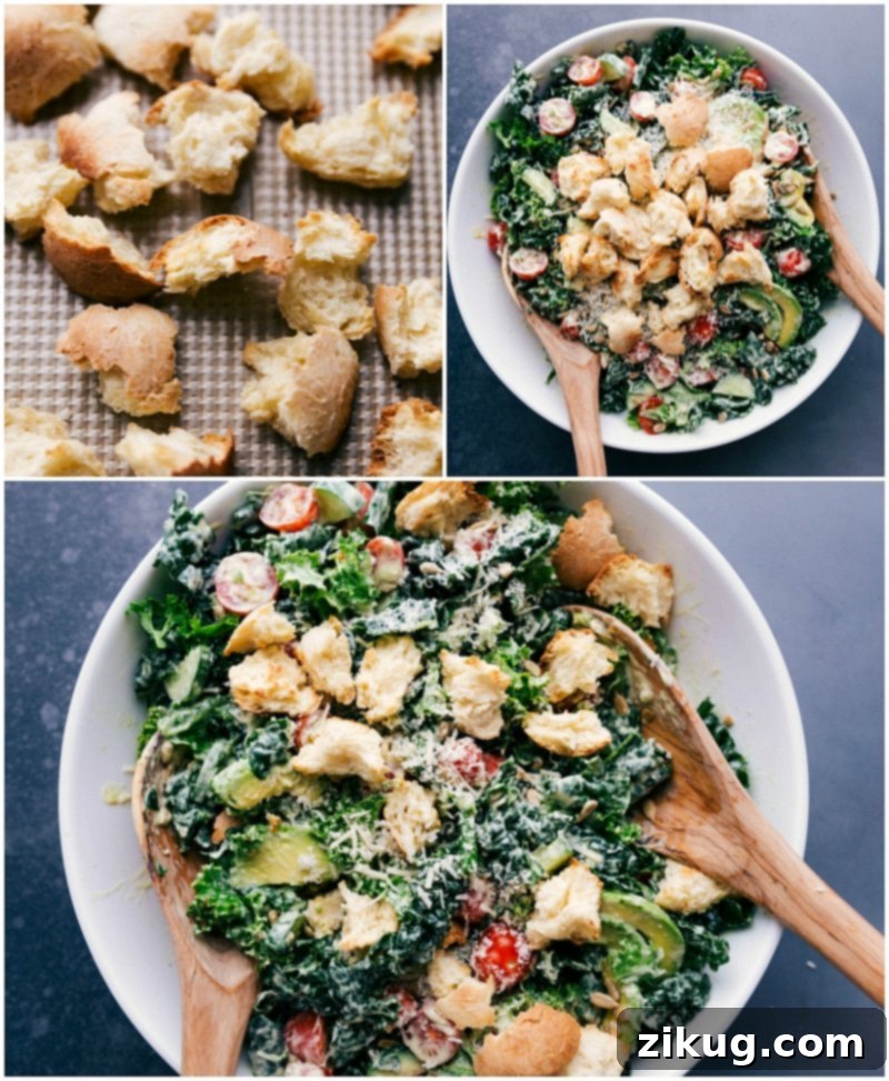 Homemade croutons golden and crispy from baking, ready to be sprinkled over the salad.