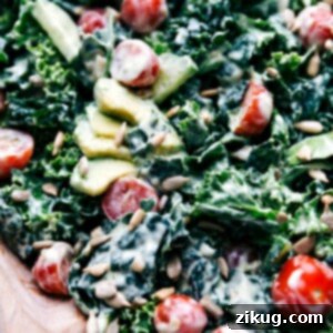 Mouth-watering kale salad with avocado, presented beautifully and ready for serving.