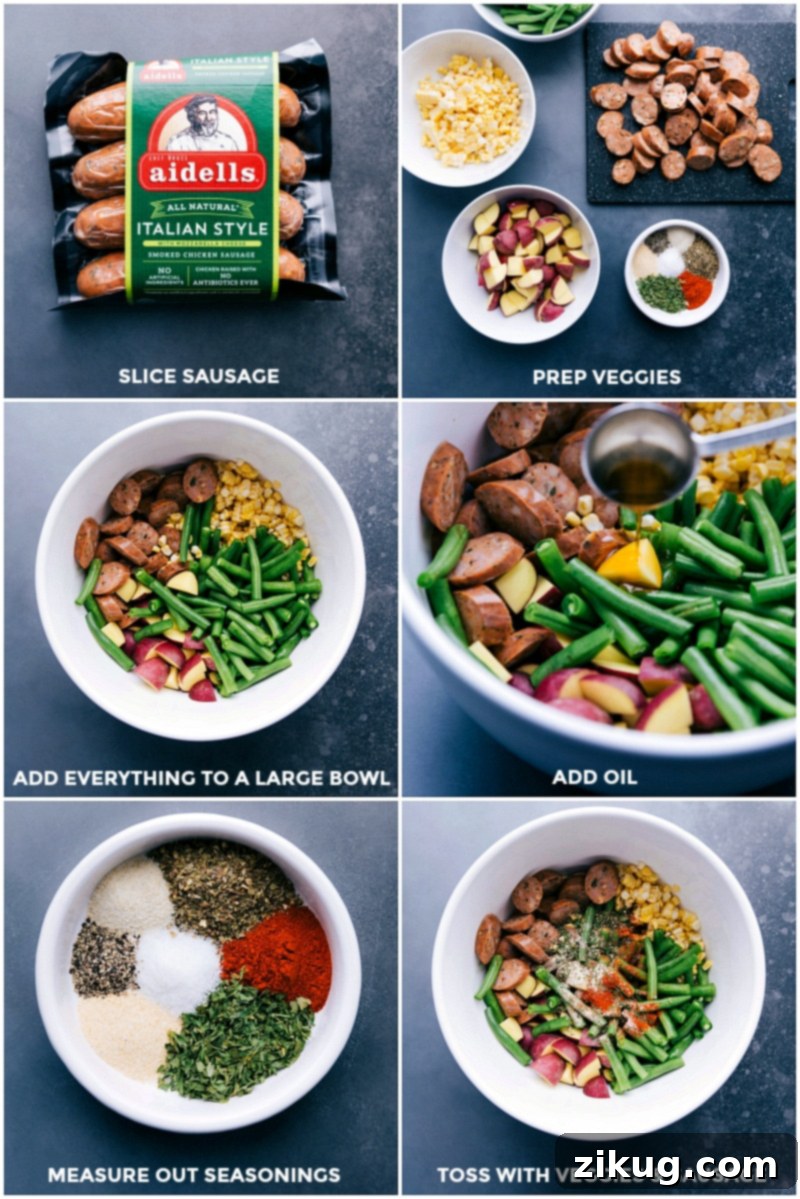 Prepping Pesto Sausage Foil Pack: Slicing Sausage, Ready Veggies, Seasoning Mix Prepping Pesto Sausage Foil Pack: Freshly sliced chicken sausage, ready-to-cook vegetables, and aromatic seasonings combined and tossed together in a bowl.