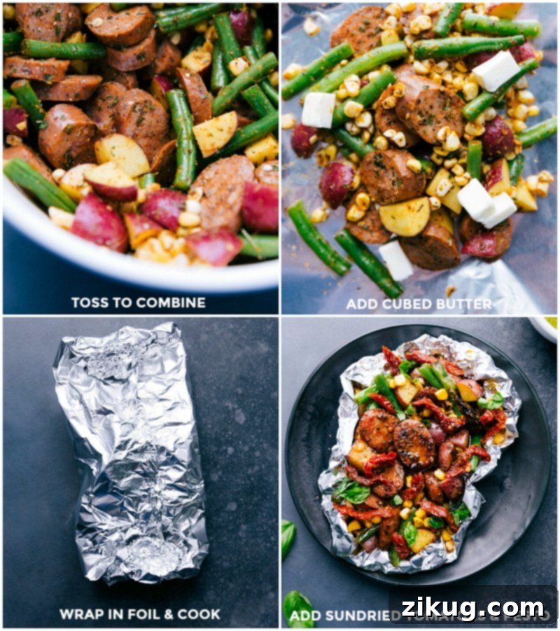 Assembling Pesto Sausage Foil Pack: Tossed Ingredients, Butter Addition, Foil Wrapping, and Cooking Process The process of assembling a Pesto Sausage Foil Pack: Freshly tossed ingredients, butter cubes added, then tightly wrapped in heavy-duty foil, and finally cooked to perfection.