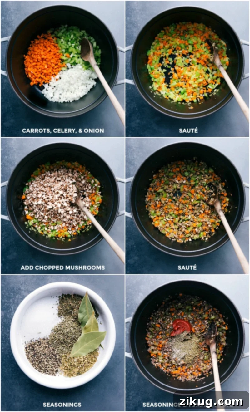 Lentil Bolognese Preparation: Sautéing Veggies, Adding Mushrooms, Seasonings, and Tomato Paste Carrots, celery, and onion in a pan, being sautéed, followed by adding mushrooms and more sautéing, with seasonings and tomato paste mixed in, illustrating the initial steps of the bolognese preparation.