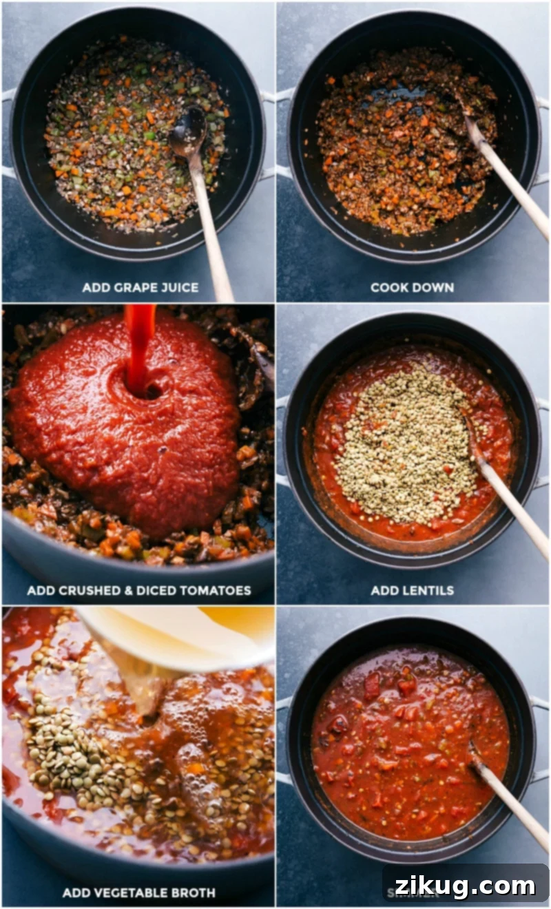 Completing Lentil Bolognese Sauce: Grape Juice Addition, Tomatoes, Lentils, and Simmering Process Finalizing the sauce by adding grape juice, reducing the liquid, incorporating tomatoes, and simmering with vegetable broth, highlighting the transition from sautéed vegetables to a rich sauce base.