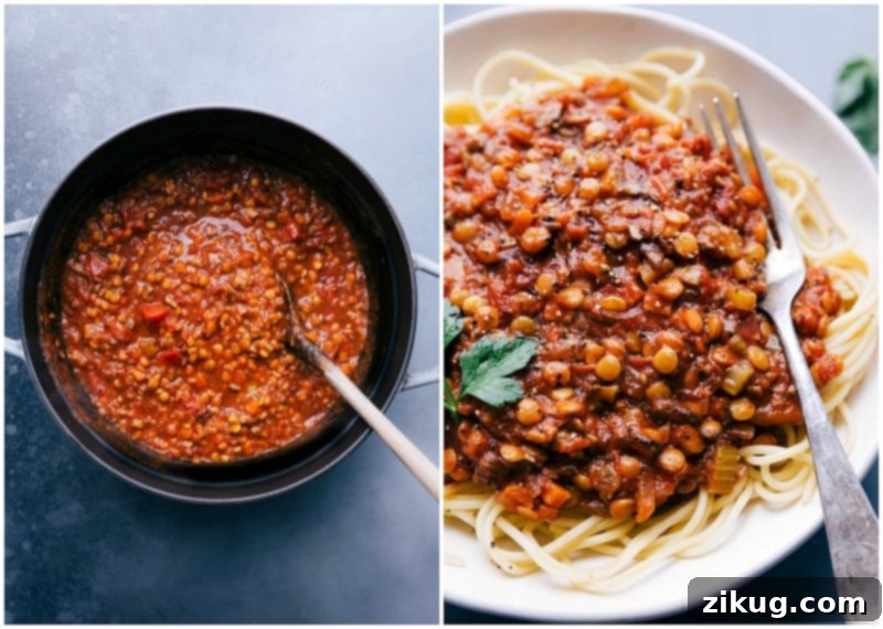 Lentil Bolognese Journey: From Simmering Sauce in Pot to Serving Over Spaghetti Finished lentil bolognese recipe simmering in the pot, and then served over a bed of spaghetti, ready for enjoyment.