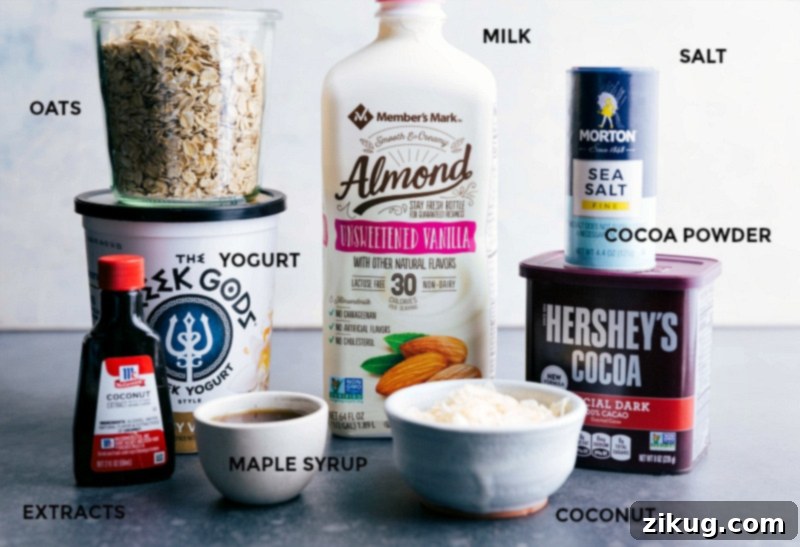 Ingredients for Almond Joy Overnight Oats: Almond Milk, Greek Yogurt, Oats, Cocoa Powder, and More All the ingredients for the Almond Joy Overnight Oats recipe displayed, including almond milk, Greek yogurt, old-fashioned oats, cocoa powder, maple syrup, and extracts.