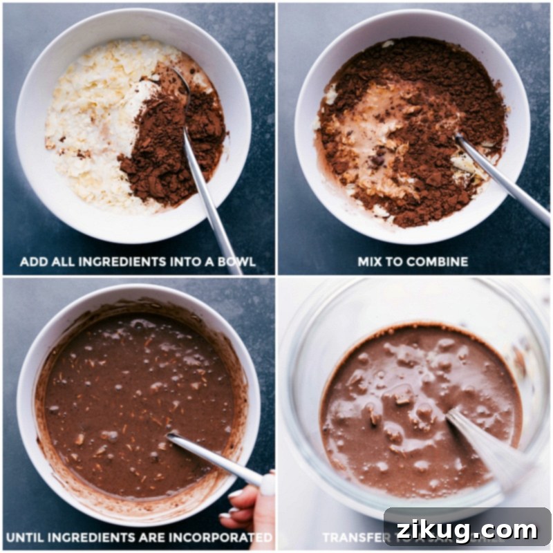 Preparing Overnight Oats Almond Joy: Adding, Mixing Ingredients, and Transferring to Jar Ingredients for the overnight oats almond joy being added to a bowl, mixed together, and then transferred to a jar for setting in the refrigerator.