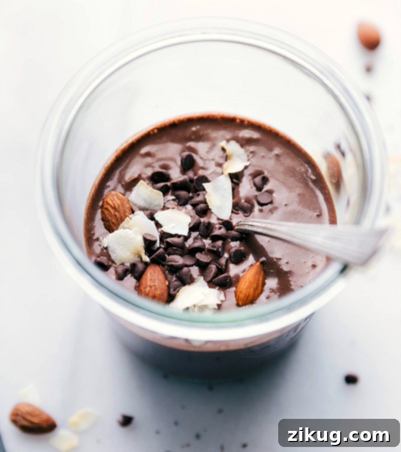 Delicious and Healthy Overnight Oats Almond Joy - Ready to Enjoy Finished breakfast of both delicious and healthy Almond Joy Overnight Oats, perfectly topped and ready for enjoyment.