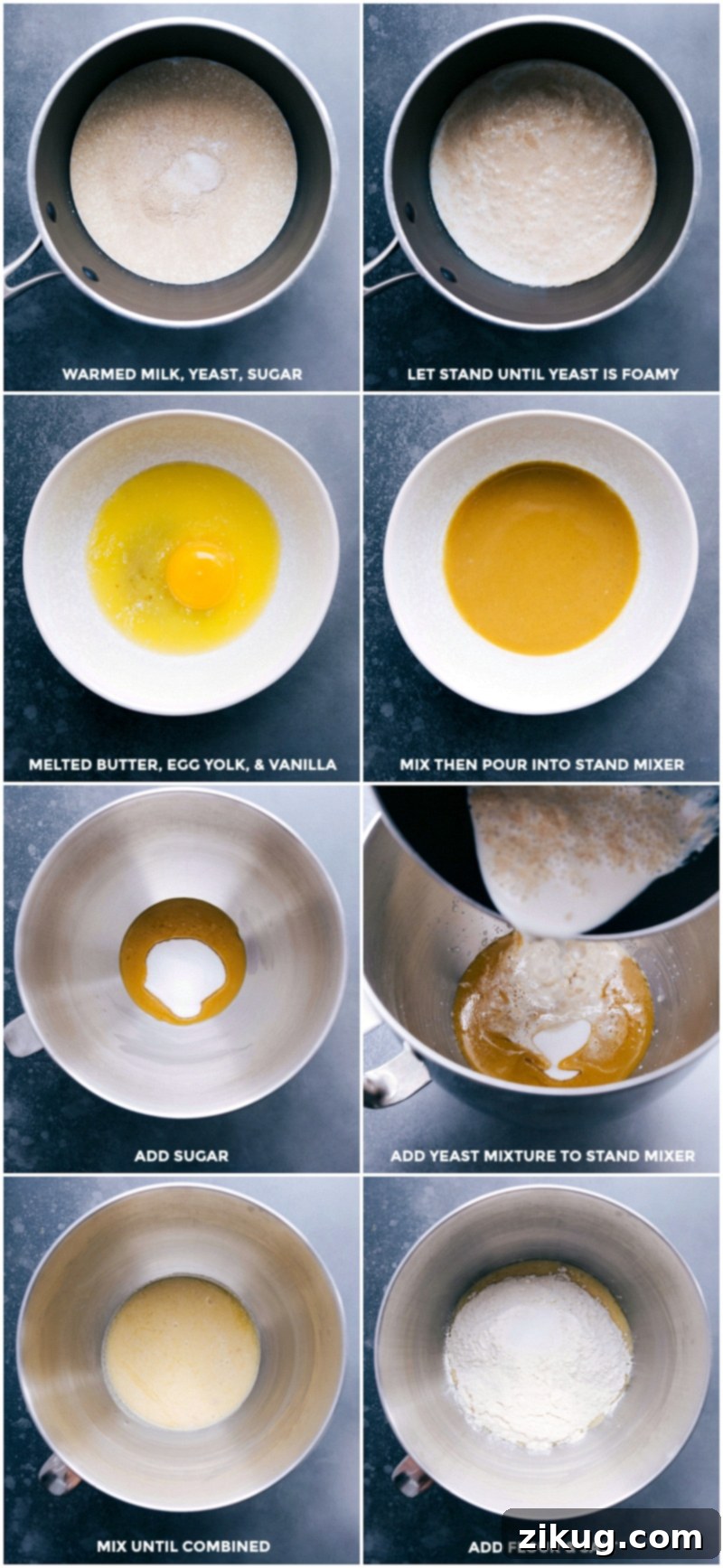 Creating Yeast Dough: Mixing and Combining Ingredients Creating the dough: mixing milk, yeast, and sugar in a pot, combining with stand mixer, adding eggs, butter, and vanilla, and then mixing in flour and salt.