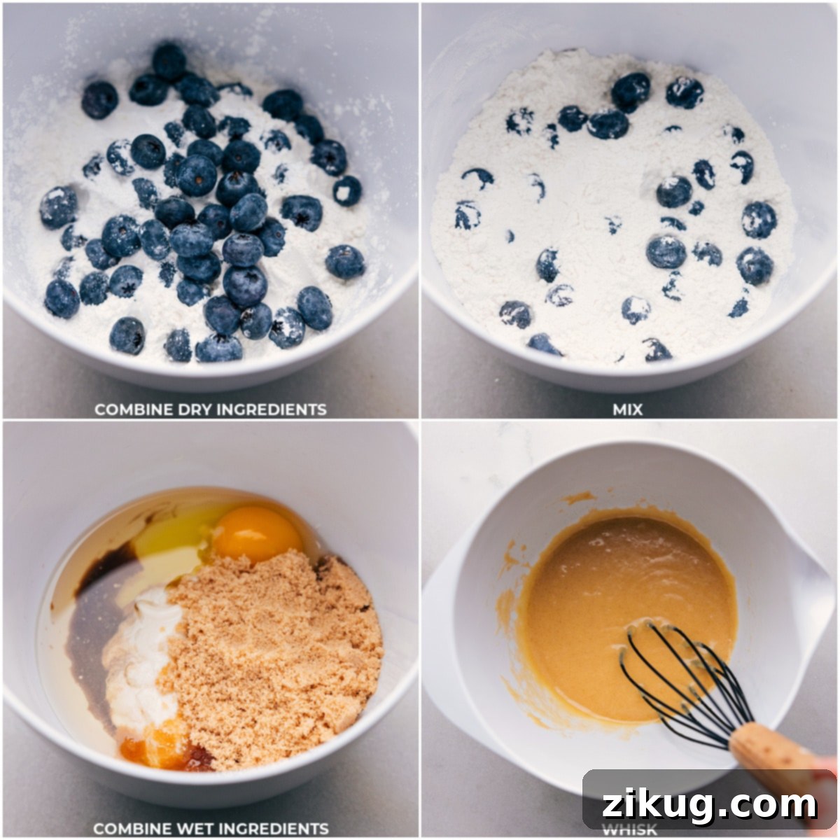 Preparing the Batter for Healthy Blueberry Muffins Separate bowls showing dry ingredients and wet ingredients being mixed for healthy blueberry muffins, demonstrating the initial steps of the recipe.