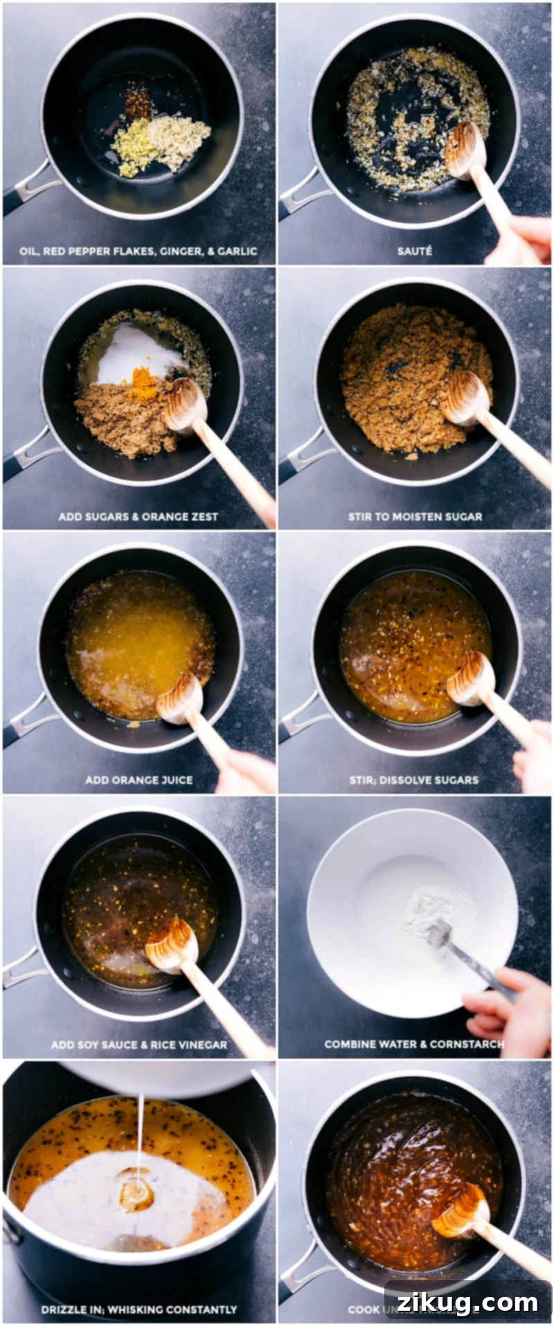 Step-by-step process photos illustrating how to prepare the vibrant orange chicken sauce from scratch, showcasing ingredients and mixing.