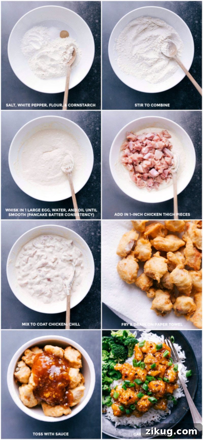 Step-by-step photos demonstrating the process of making homemade crispy chicken, from coating to frying, for an authentic orange chicken experience.